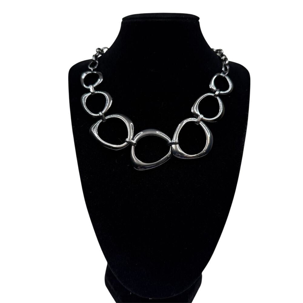 Modern Silver Gun Metal Tone Abstract Oval Link Statement Necklace Fashion 16 in